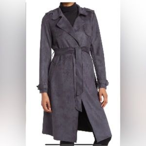 Tahari Faux Suede Long Open Trench Coat in Smoke